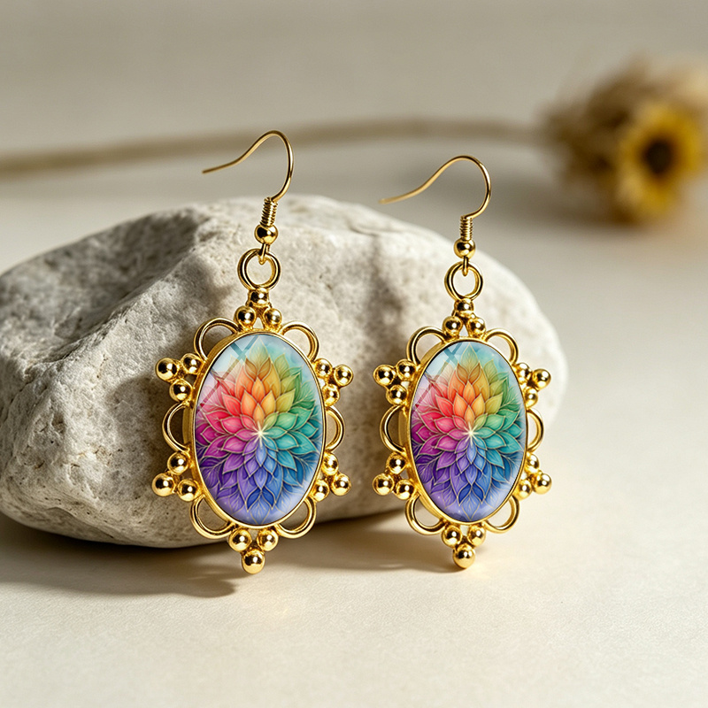 Rainbow Mandala Dangle Earrings, Unisex Gift